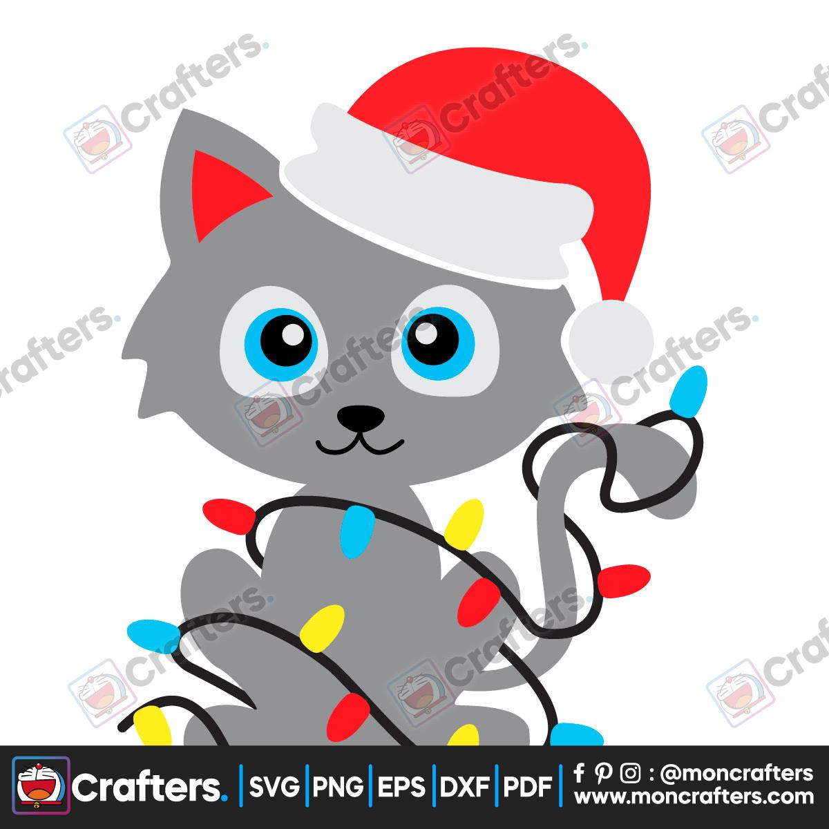 Christmas Cat Svg, Funny Cat with Christmas Lights Svg